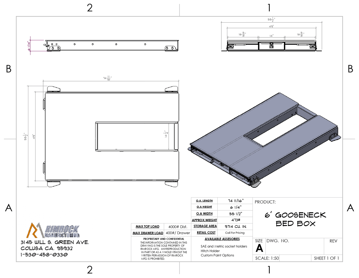 Technical specification drawing of a large truck bed drawer system showing labeled parts and measurements.