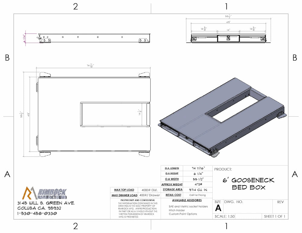 Technical specification drawing of a large truck bed drawer system showing labeled parts and measurements.