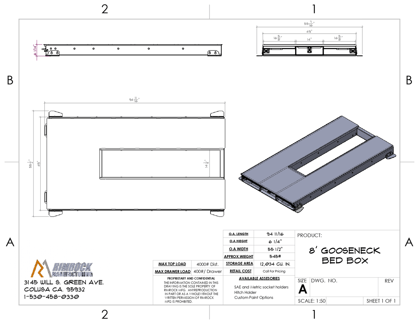 Technical drawing of an 8‑drawer truck bed storage system with labeled parts and measurements.