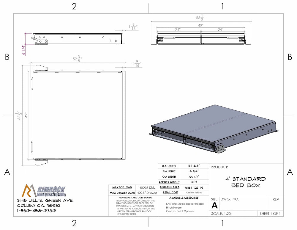 Layout diagram of a 4‑foot standard truck bed storage box with labeled compartments.