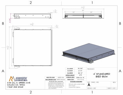 Layout diagram of a 4‑foot standard truck bed storage box with labeled compartments.