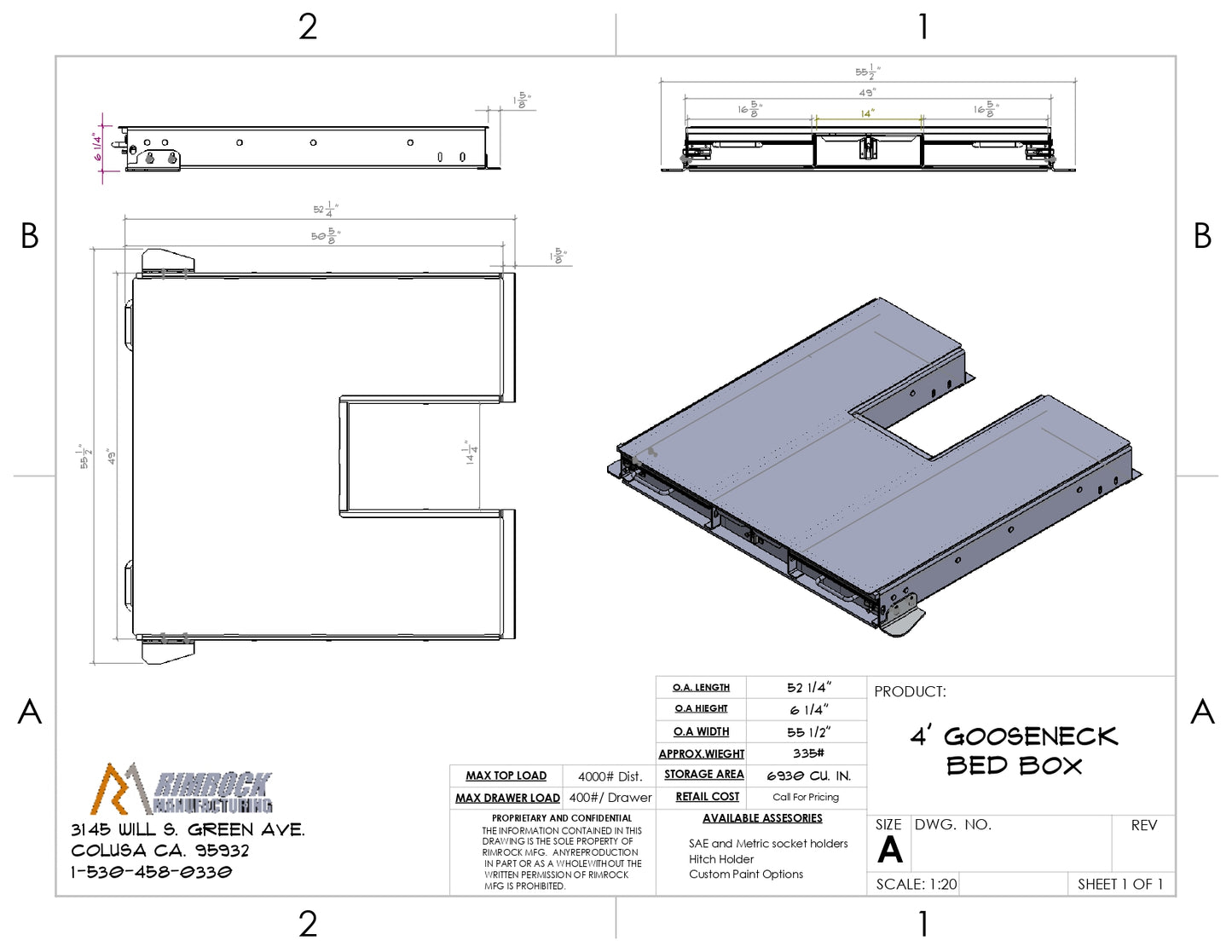 Detailed technical specification drawing of a truck bed drawer system with labeled components and measurements.