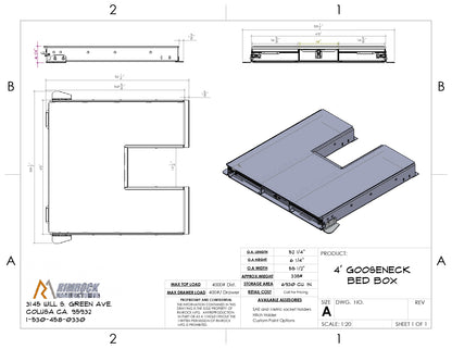 Detailed technical specification drawing of a truck bed drawer system with labeled components and measurements.