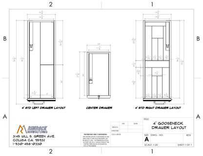 Labeled layout diagram showing drawer configuration and measurements for a truck bed storage system.