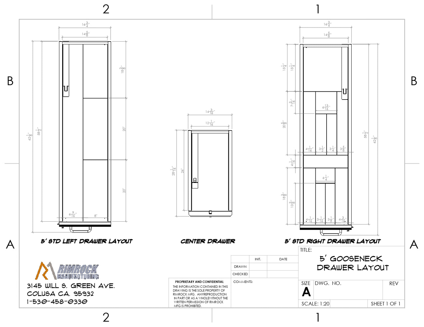 Drawer divider layout diagram showing labeled compartments and measurements for a truck bed storage system.