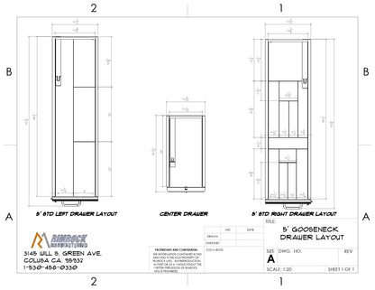 Drawer divider layout diagram showing labeled compartments and measurements for a truck bed storage system.