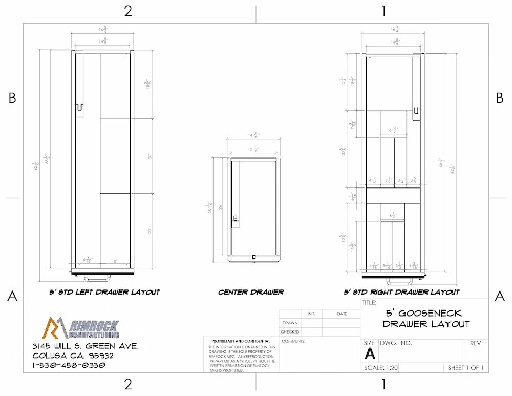 Drawer divider layout diagram showing labeled compartments and measurements for a truck bed storage system.
