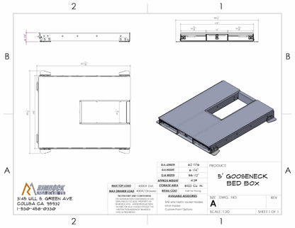 Technical specification drawing of a mid‑size truck bed drawer system with labeled parts and measurements.