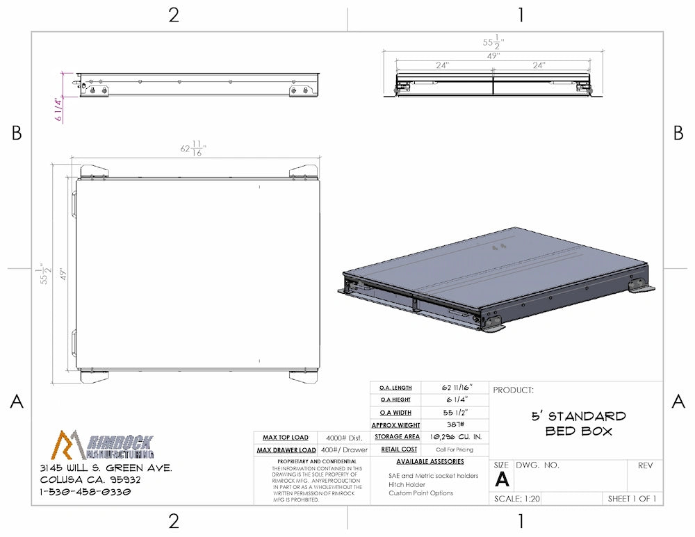 Technical specification drawing of a truck bed drawer system with labeled parts and measurements.