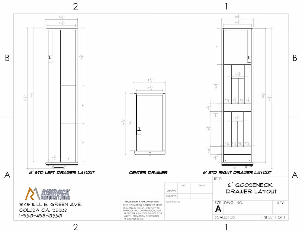Drawer divider layout diagram showing compartments and dimensions for a truck bed storage system.