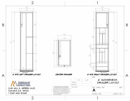 Drawer divider layout diagram showing compartments and dimensions for a truck bed storage system.